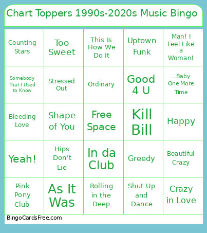 Chart Toppers 1990s-2020s Music Bingo Card