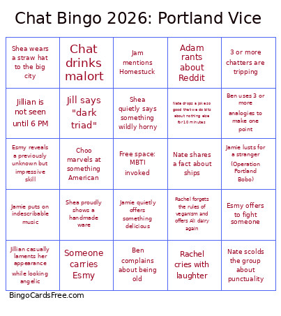 Chat 2026: Portland Vice Bingo Card
