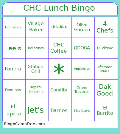 CHC Lunch Bingo Card