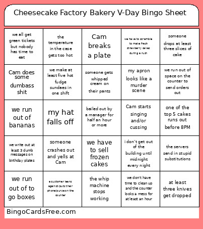 Cheesecake Factory Bakery V-Day Sheet Bingo Card