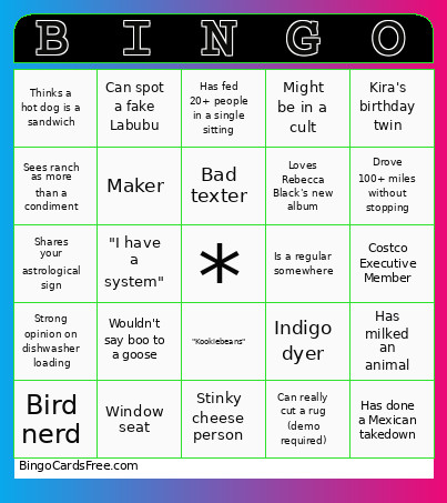 Cheesy Old Lady Bingo Card