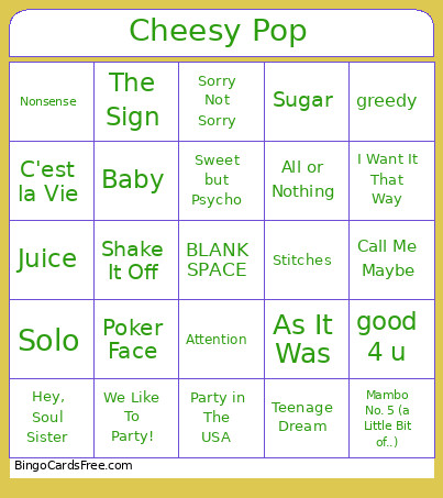 Cheesy Pop Bingo Card