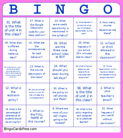 Chemistry Syllabus Bingo Card