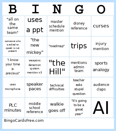 CHHS Back To School Faculty Meeting Bingo Card