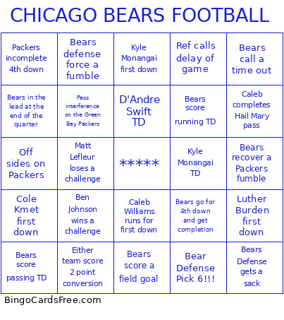 Chicago Bears Football Bingo Card