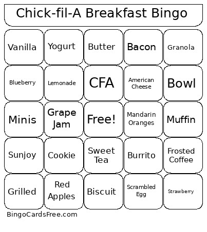 Chick-fil-A Breakfast Bingo Card
