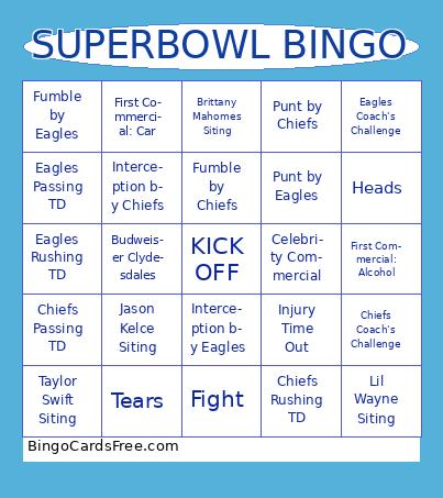 Chiefs v Eagles Bingo Cards Free Pdf Printable Game, Title: SUPERBOWL BINGO