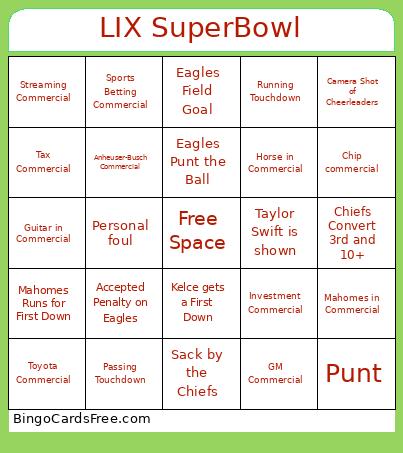 Chiefs Vs. Eagles Bingo Card