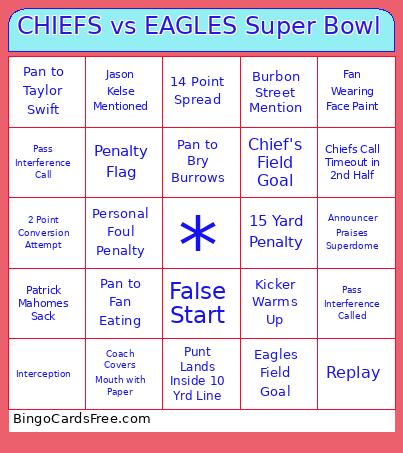 CHIEFS Vs EAGLES Super Bowl Bingo Card