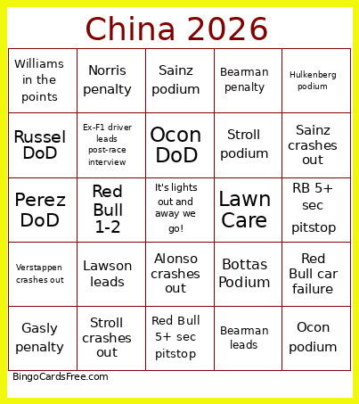 China 2026 Bingo Card