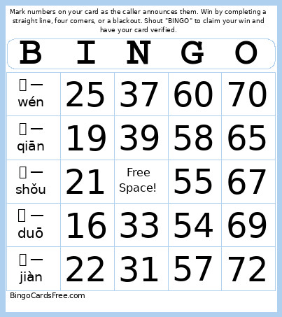 Chinese Bingo Card
