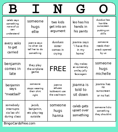 Chinese School Bingo Card