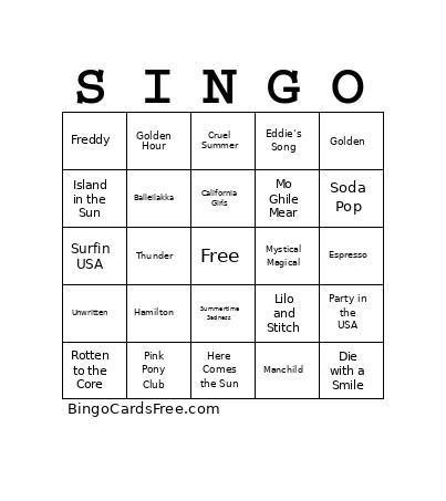 Choir Social Singo Bingo Card