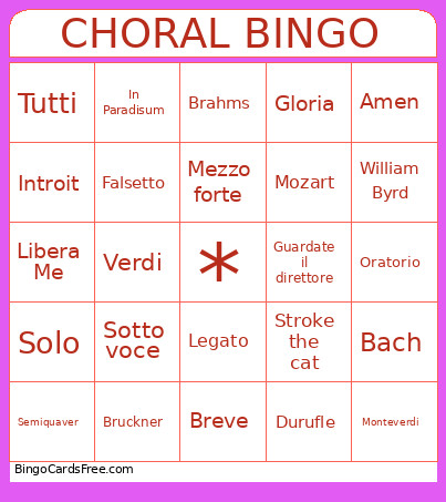 Choral Music Bingo Card