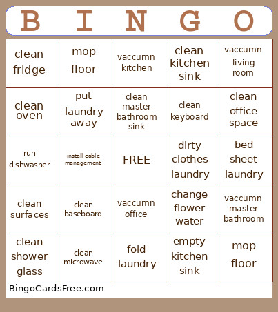 Chore Cleaning Bingo Card