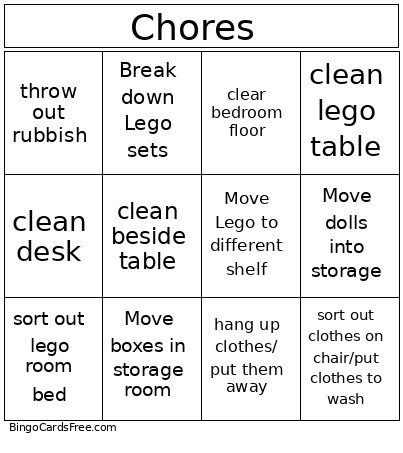 Chores Bingo Card