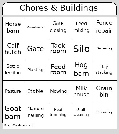 Chores & Buildings Bingo Card