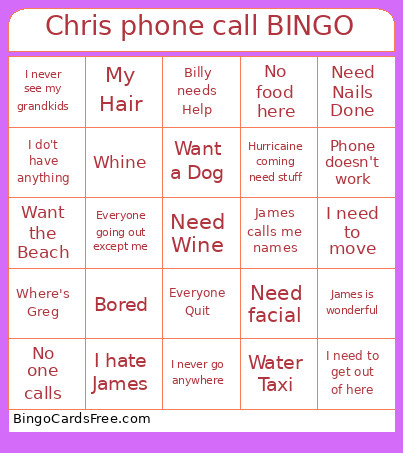 Chris Phone Call Bingo Card