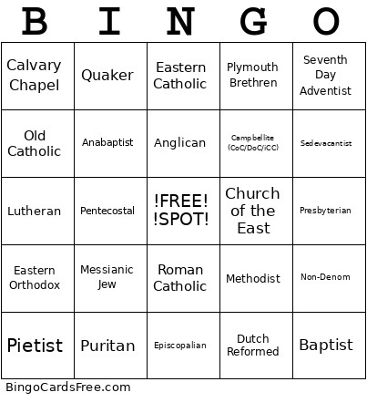 Christian Denominations Bingo Card