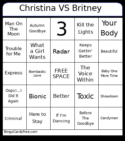 Christina VS Britney Bingo Card