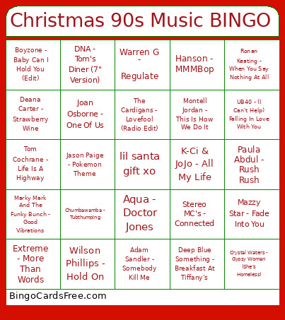 Christmas 90s Music Bingo Card