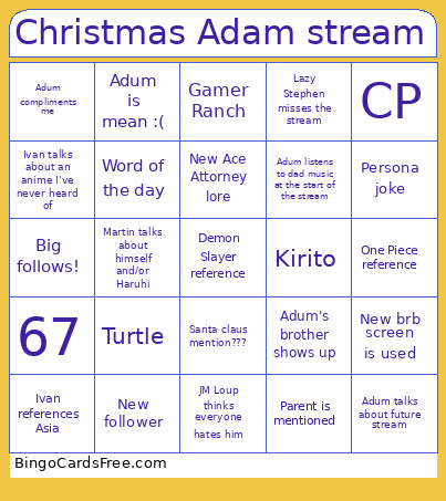 Christmas Adam Stream Bingo Card