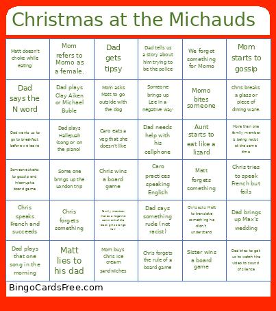 Christmas At The Michauds Bingo Card