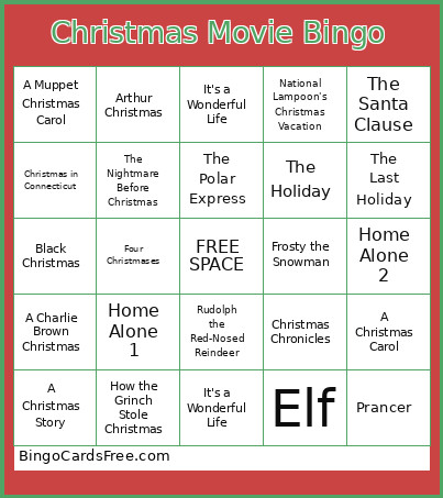 Christmas Movie Bingo Card
