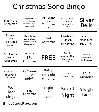 Christmas Song Bingo Card