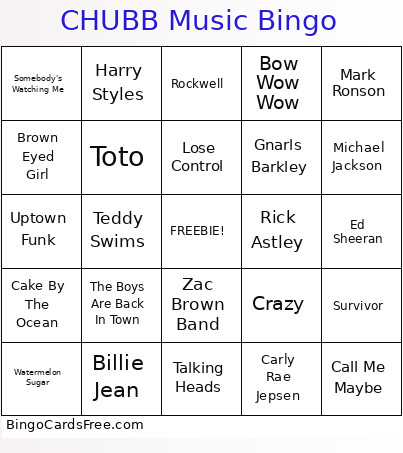 CHUBB Music Bingo Card