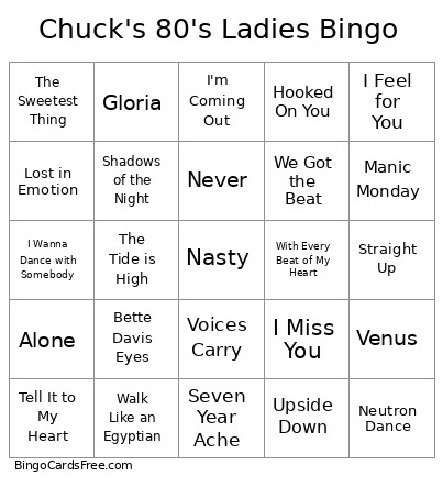 Chuck's 80's Ladies Bingo Card