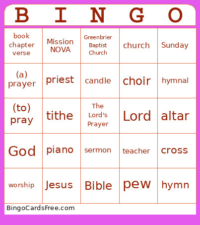 Church Words (ESOL) Bingo Card