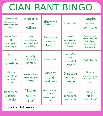 Cian Rant Bingo Card