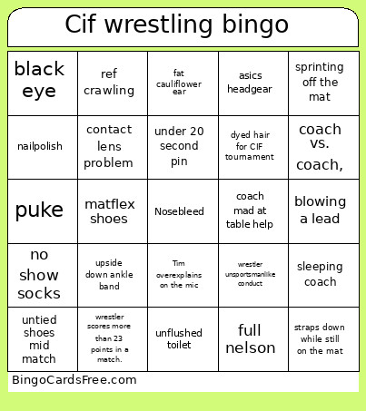 Cif Wrestling Bingo Card