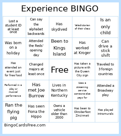Cincinnati Experience Bingo Card