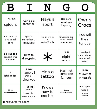 CincyNature Camp Staff Bingo Card