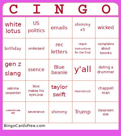 CINGO Official Bingo Card