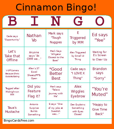 Cinnamon Bingo Card