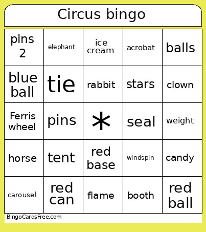 Circus Bingo Card