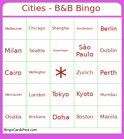 Cities - B&B Bingo Card