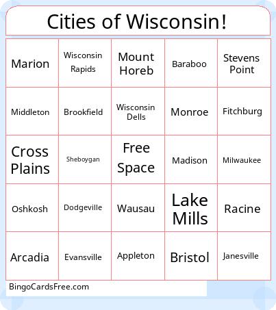 Cities of Wisconsin! Bingo