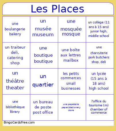 City French Bingo Card