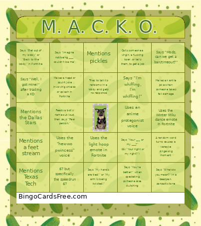 City Mack’s Bingo Card