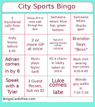 City Sports Bingo Card
