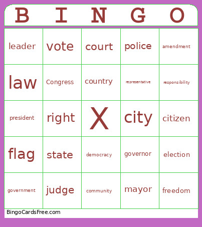 Civics Vocabulary Bingo Card