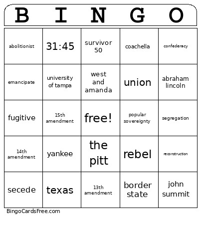 Civil War Vocab Bingo Card