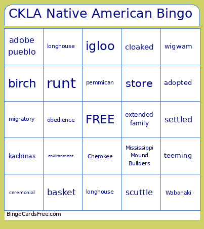CKLA Native American Bingo Card