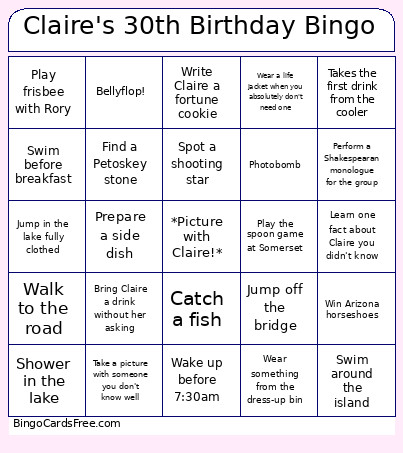Claire's 30th Birthday Bingo Card