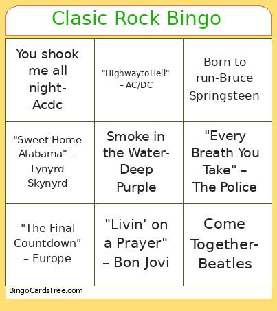 Clasic Rock Bingo Card 2