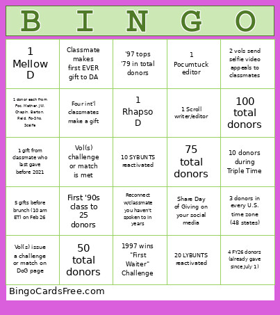 Class Of '97 — Day Of Giving Bingo Card